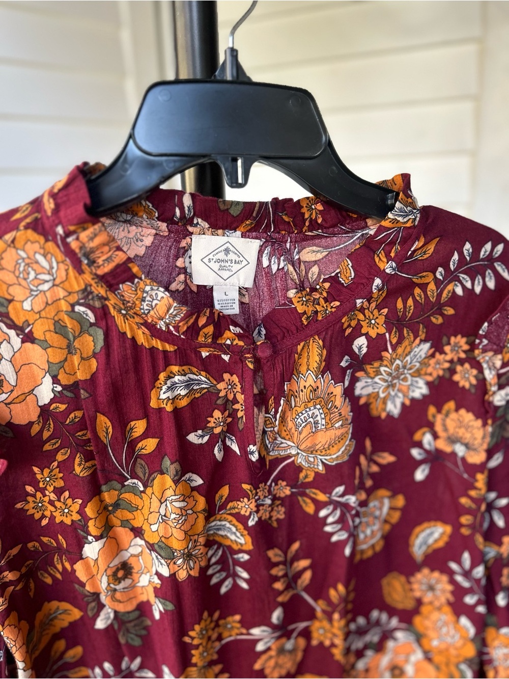 St. John's Bay Burgundy Floral Peasant Top with Mustard Accents